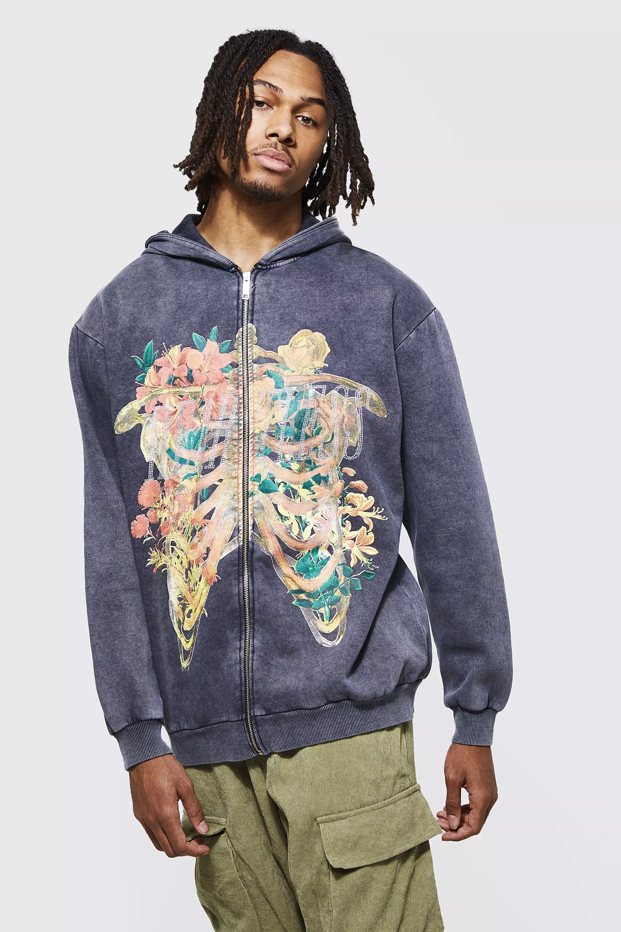 Oversized Acid Wash Ribcage Zip Hoodie | boohooMAN USA